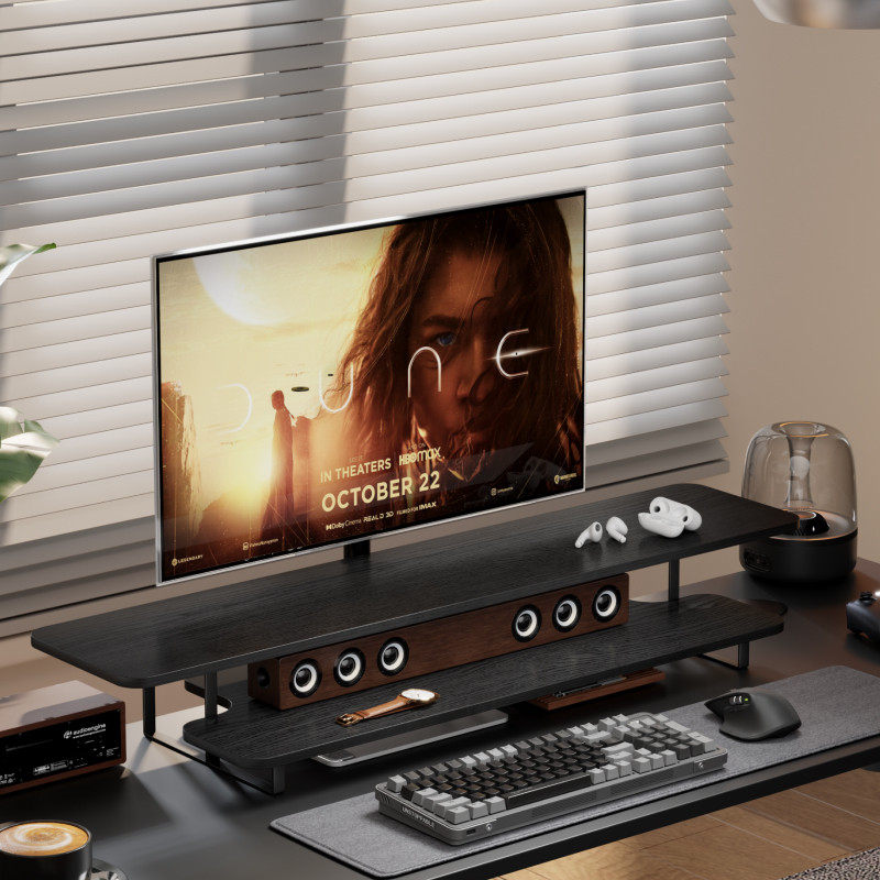 Desk Setup Laptop And Monitor - حامل شاشة بتشطيب خشب الجوز، منظم