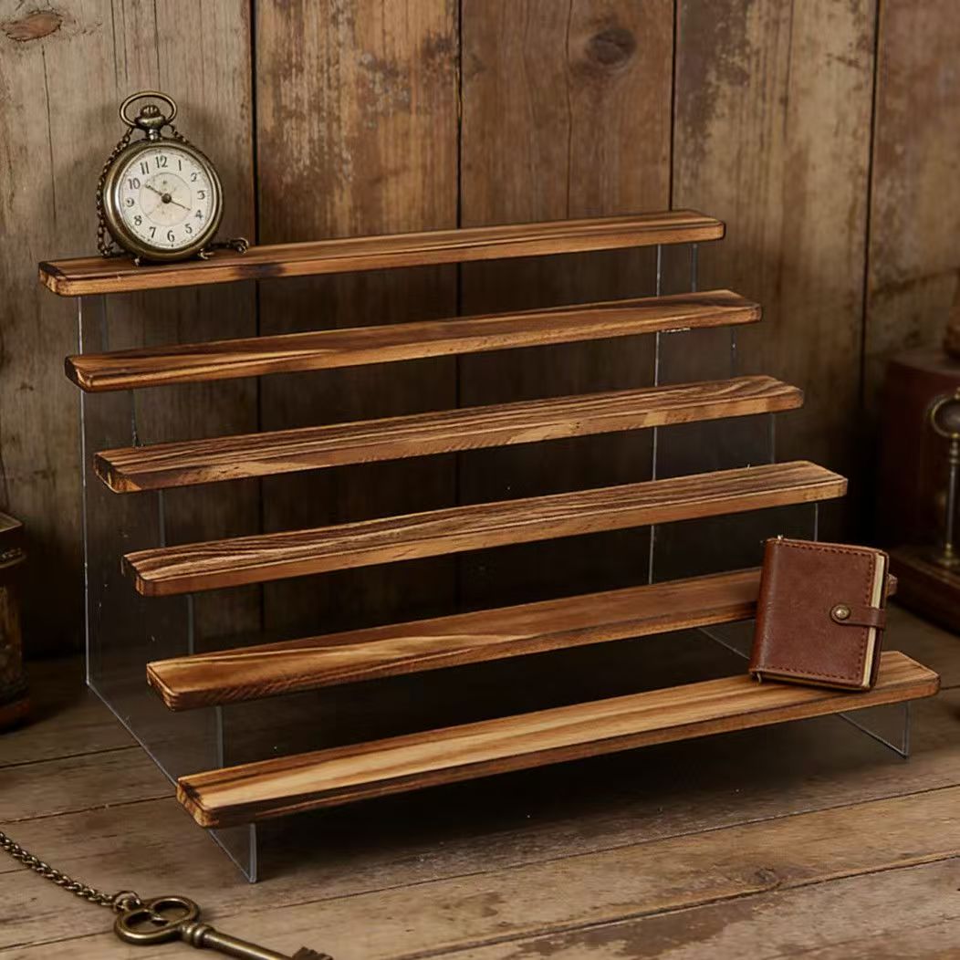 Desk Setup Wood - حامل عرض خشبي محروق متدرج، رف