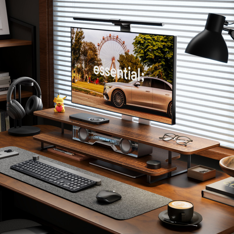 حامل شاشة بتشطيب خشب الجوز، من - مراجعة Desk Setup Laptop And Monitor وسعره