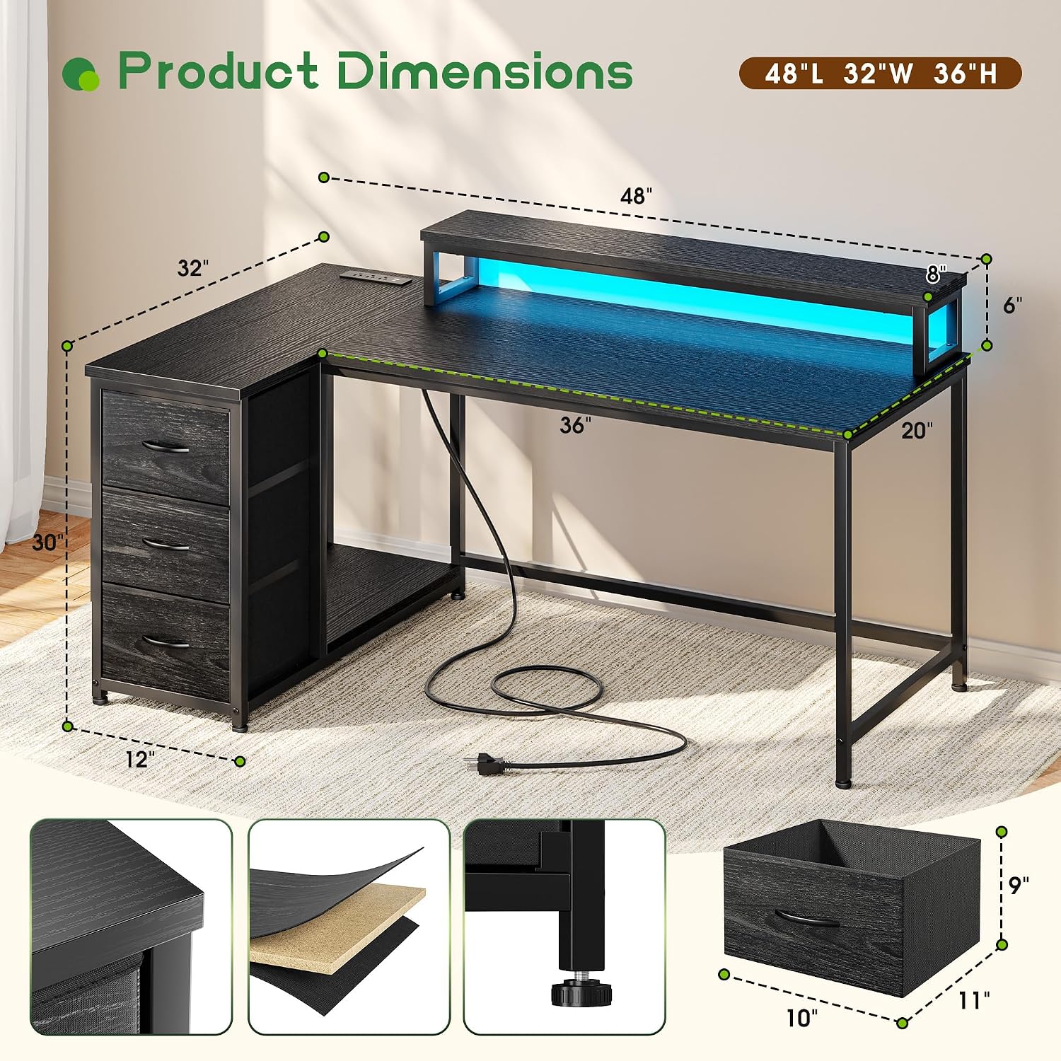 مكتب ألعاب مع 3 أدراج وإضاءة L - مراجعة Desk Setup Rgb وسعره